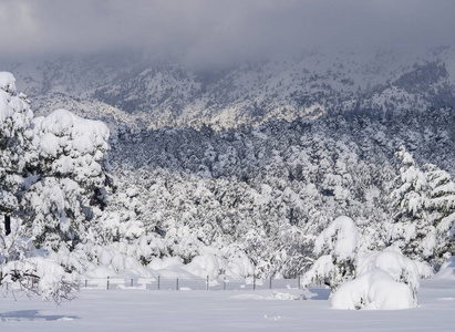 希腊埃维亚岛阳光明媚的一天，白雪覆盖的山野和天空尽收眼底