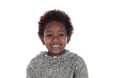 美丽的美国黑人儿童,灰色羊毛衫隔离在白色背景上照片