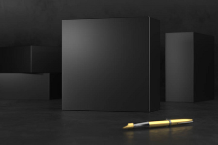 黑色礼品盒包装模拟黑色背景。高档产品的豪华包装盒。优雅的黑匣子。3d 渲染