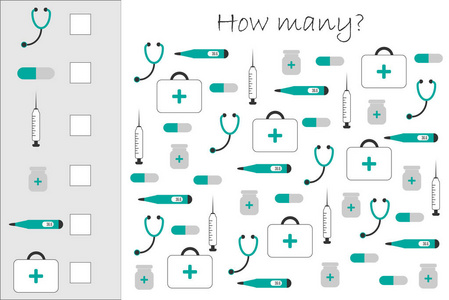 多少计数游戏与医学图片为孩子, 教育数学任务为逻辑思维的发展, 学前工作表活动, 计数并且选择结果, 向量例证