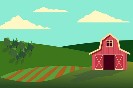 绿色山丘蓝天农舍和平坦森林田野景观矢量插图