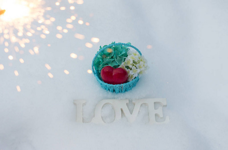 s day. Basket with flowers on a white snow background. Bengal fi