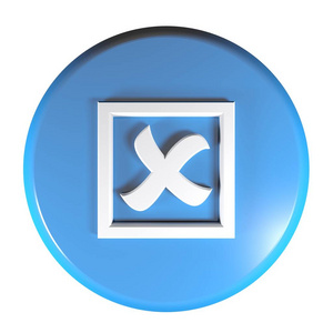 蓝色圆圈按钮，带有交叉框3D渲染插图的图标。