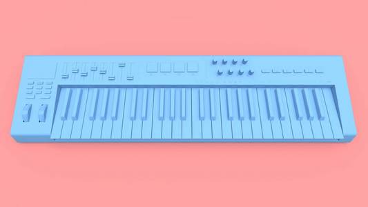 粉红色背景上的蓝色合成器MIDI键盘。 合成键关闭。 3D渲染
