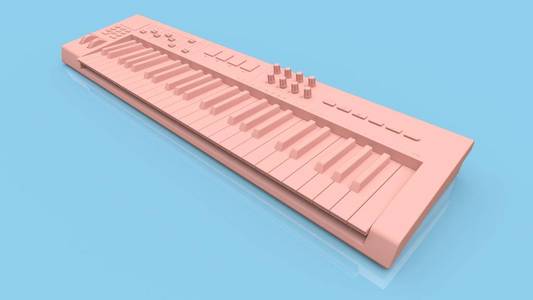 蓝色背景上的粉红色合成器MIDI键盘。 合成键关闭。 3D渲染