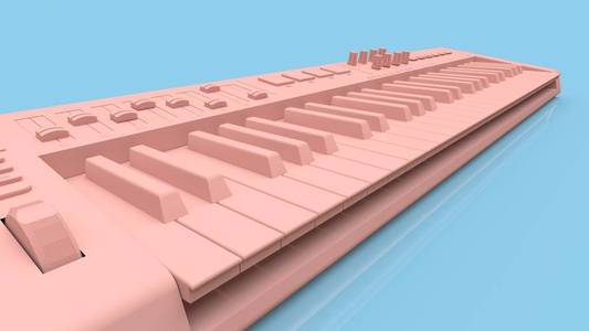 粉红色合成器MIDI键盘在蓝色背景上。Synth键特写。3D渲染