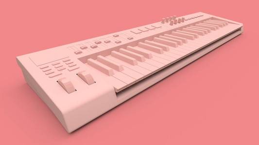 粉红色合成器MIDI键盘上的粉红色背景。Synth键特写。3D渲染
