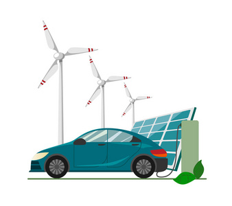 一辆蓝色电动汽车在充电器站充电，背景是风力涡轮机和太阳能电池板。 电动运动概念平面矢量插图。