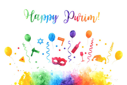 传统的普林狂欢节符号水彩画设计元素, 图标隔离在白色背景.