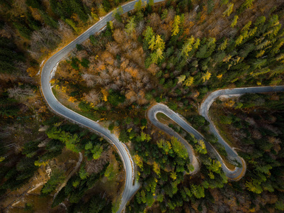 蜿蜒的道路在山上落下林地无人机从上面看。