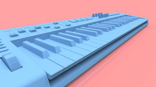 粉红色背景上的蓝色合成器MIDI键盘。 合成键关闭。 3D渲染