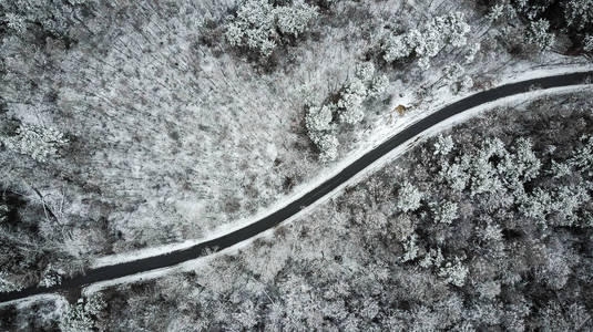冬季森林积雪道路的鸟瞰图。