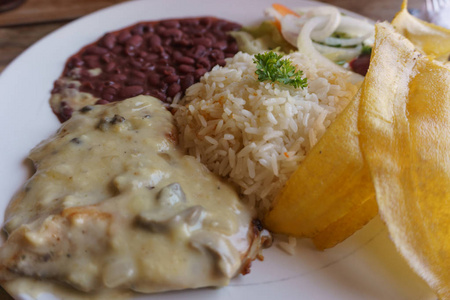 尼加拉瓜典型板块。 有米饭和豆子的肉