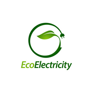 生态电力。 绿叶插头电气标志概念设计模板