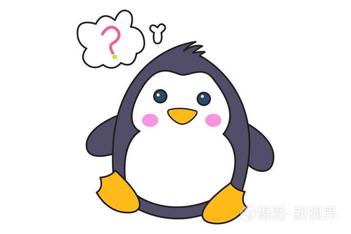 矢量卡通插图可爱企鹅困惑. 孤立在白色背景上.