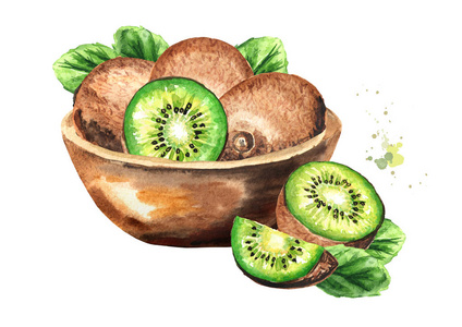 碗里有猕猴桃水果. 水彩画手绘插图分离白色背景照片