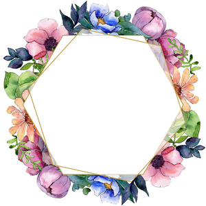 花束花卉植物花卉。水彩背景插图集。框架边框装饰正方形
