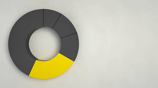黑色环形饼图，白色背景上有一个黄色扇区。 信息模型。 三维渲染图