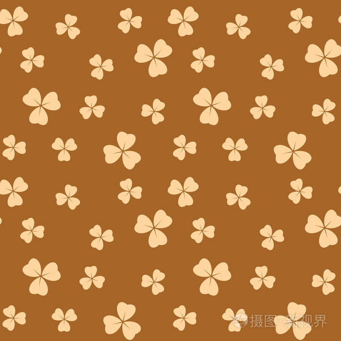 亮棕色无缝图案浅米黄色三叶草叶片矢量背景
