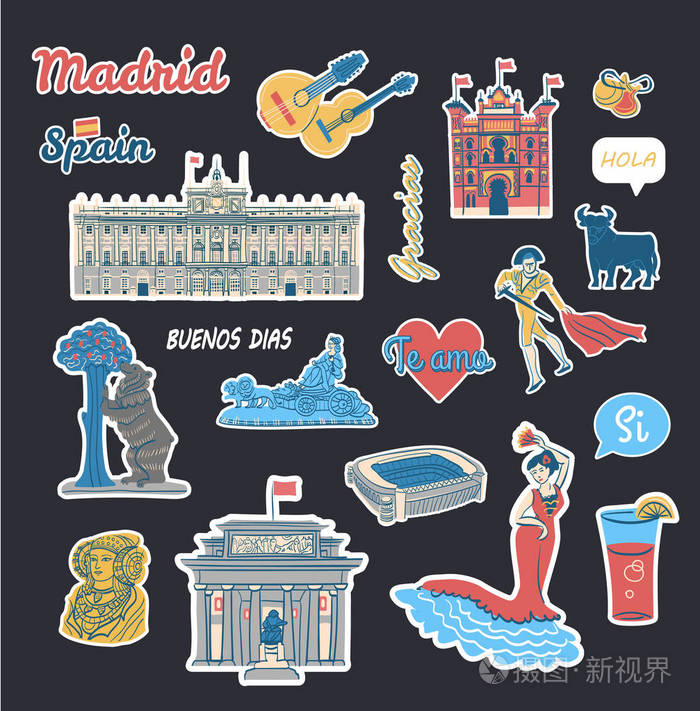 矢量贴纸收集西班牙的符号和建筑物,以及西班牙语的文本短语.