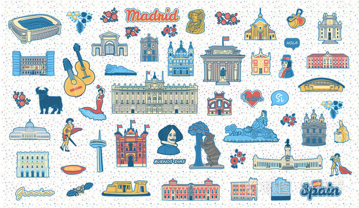 收集西班牙建筑物,纪念碑和标志的孤立矢量插图