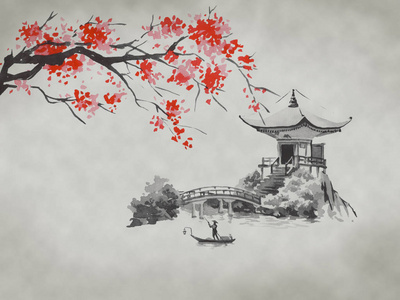 水彩和水墨插图的风格 sumi-e, u-sin.富士山,樱花,日落.日本太阳.