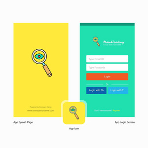 公司搜索飞溅屏幕和登录页面设计与标志模板。 移动在线业务模板