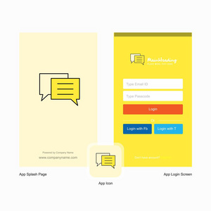 公司聊天气泡飞溅屏幕和登录页面设计与标志模板。 移动在线业务模板
