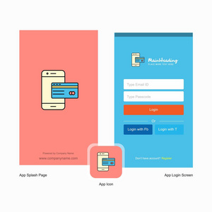 公司网上银行飞溅屏幕和登录页面设计与标志模板。 移动在线业务模板