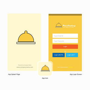 公司食品菜肴飞溅屏幕和登录页面设计与标志模板。 移动在线业务模板