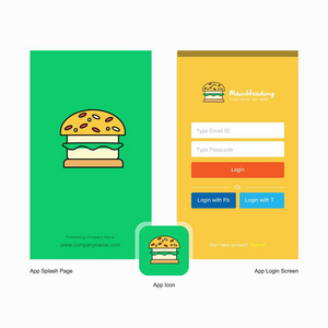 公司汉堡启动屏幕和登录页面设计与标志模板。移动在线业务模板