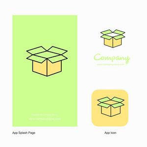 纸箱公司标志应用图标和飞溅页面设计。 创意商业应用程序设计元素