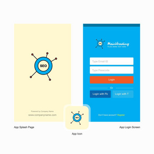 公司SEO飞溅屏幕和登录页面设计与标志模板。 移动在线业务模板