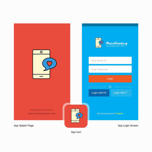 公司爱聊天飞溅屏幕和登录页面设计与标志模板。 移动在线业务模板