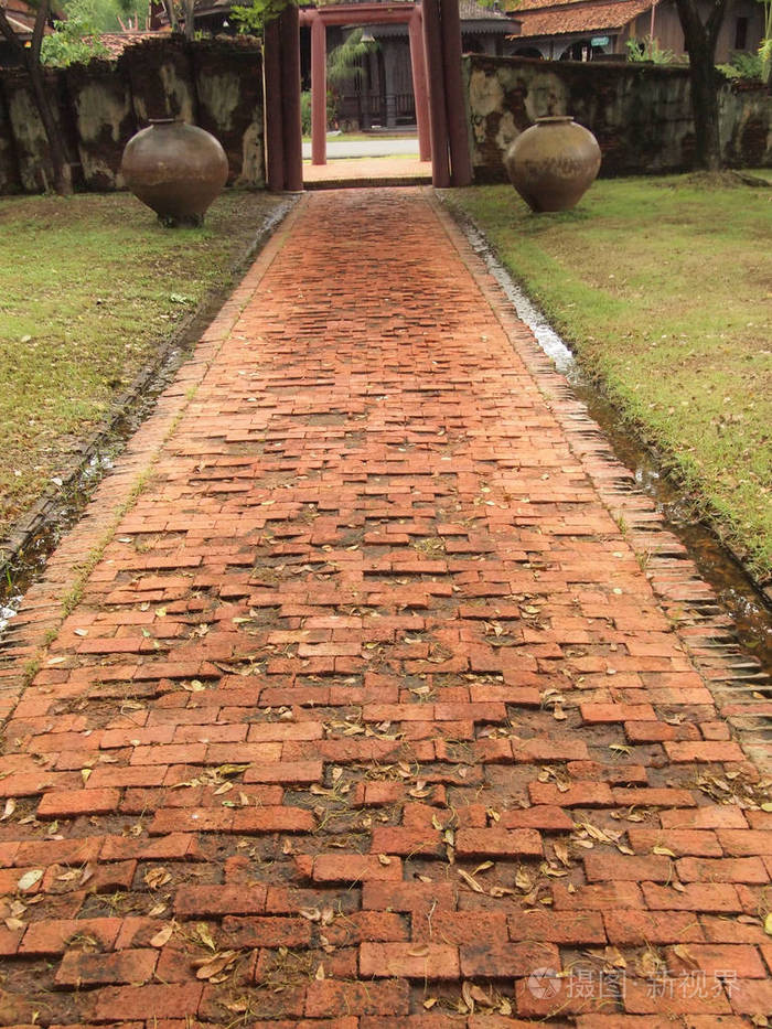 花园里有一条带草的红砖砌块石步道