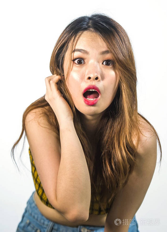 一幅年轻,震惊,惊讶的肖像,美丽的亚洲韩国女人,张开