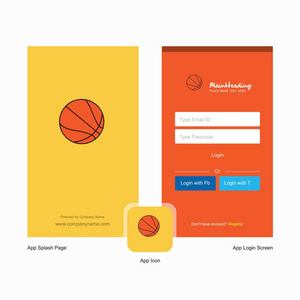 公司篮球飞溅屏幕和登录页面设计与标志模板。 移动在线业务模板