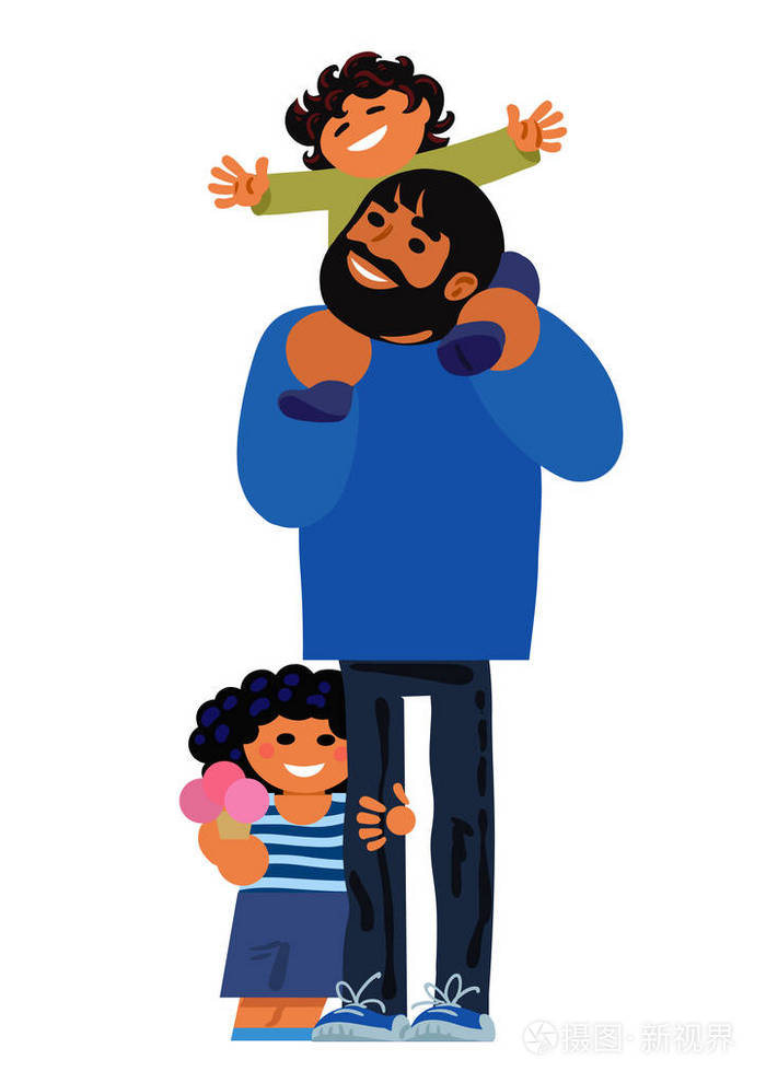 爸爸背着一个小儿子, 另一个儿子拿着冰淇淋笑着.动画片向量例证