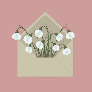 邮件信封里的雪花。 春天的花。 花卉构图。 粉红色背景上的矢量插图