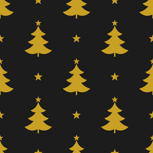 圣诞树和星星无缝黄金图案。 黑色背景。