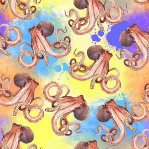 水彩章鱼无缝图案手绘插图分离彩色背景