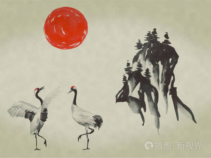 富士山,樱花,日落.日本太阳.印第安墨水例证.日文图片