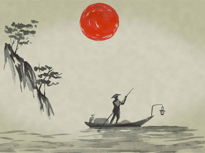 日本传统的相美画。水彩和水墨插图的风格 sumie, usin。富士山樱花日落。日本太阳。印第安墨水例证。日文图片