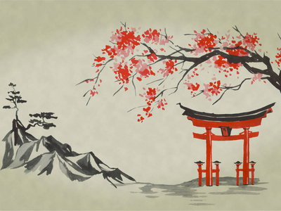 水彩和水墨插图的风格 sumi-e, u-sin.富士山,樱花,日落.日本太阳.