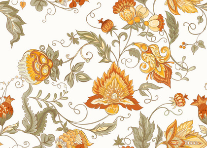 无缝图案与风格化的观赏花卉复古风格。 雅各布刺绣。 柔和橙色和绿色彩色矢量插图