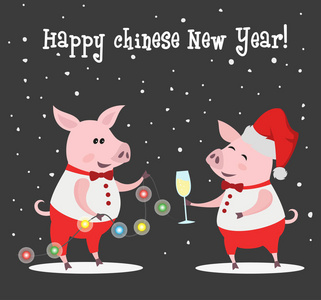 带香槟和花环的可爱猪。 中国新年标志2019。矢量插图。