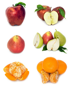 许多成熟和多汁的水果在白色的背景。苹果梨和普通话一起