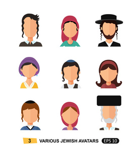 犹太男人和女人的人化身用户图标平面卡通概念向量隔离在白色