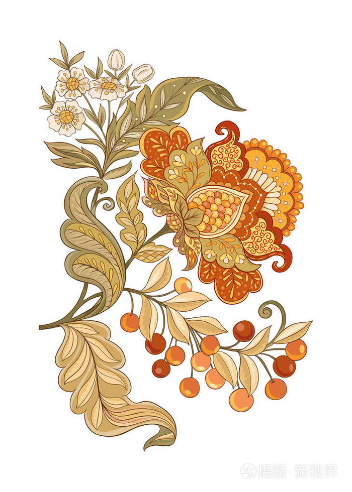 插画 花装饰元素在雅可豆刺绣风格幻想花型复古风格.