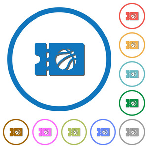 篮球折扣券平面彩色矢量图标，阴影圆形轮廓白色背景